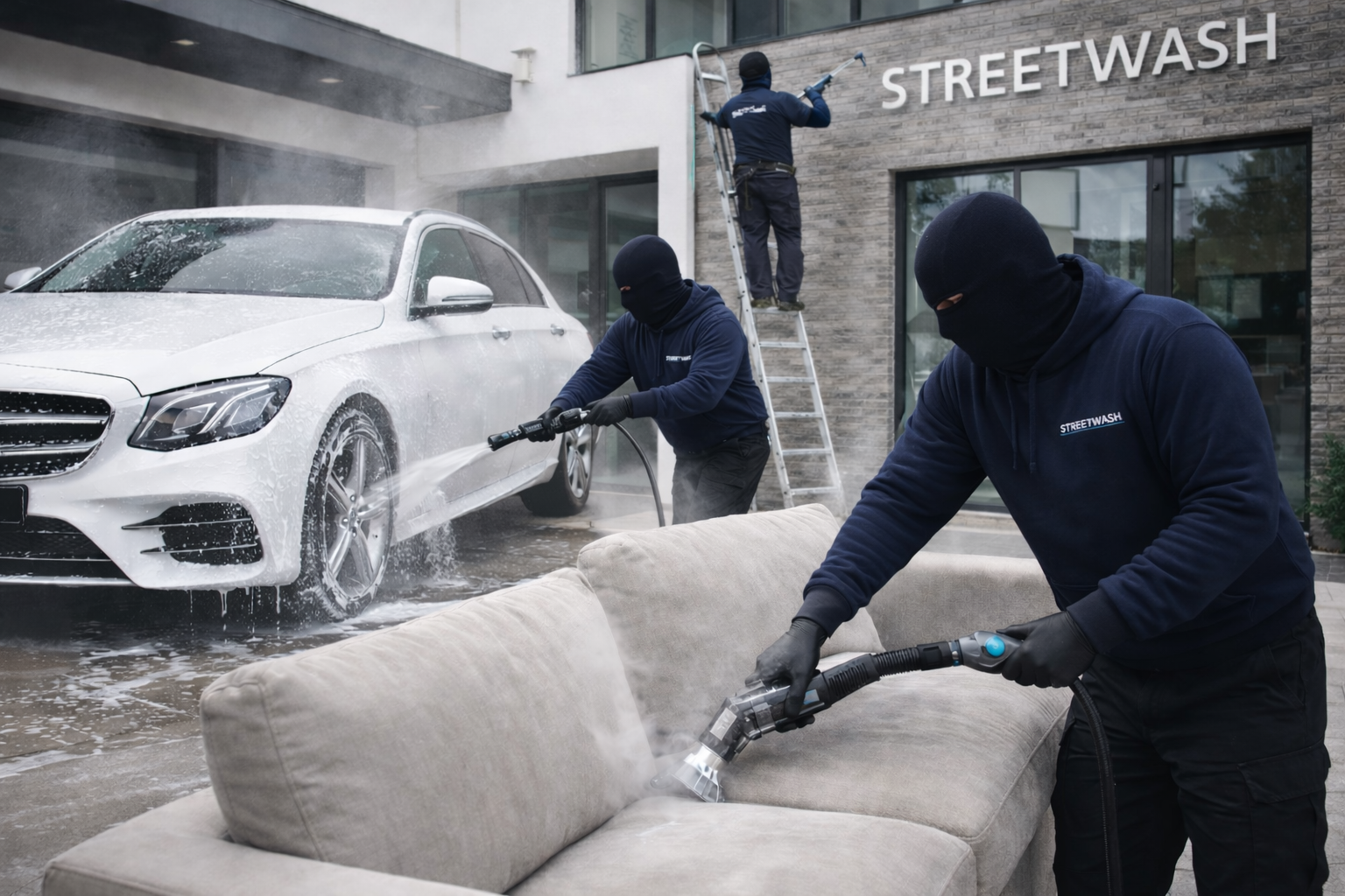 Équipe StreetWash au travail, nettoyage automobile et canapé à domicile